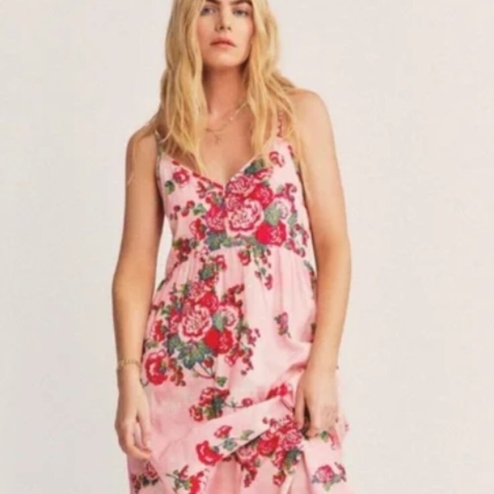 LOVESHACKFANCY FARADAY PINK DESERT Cotton Barbiecore Floral Maxi Slip XS $225